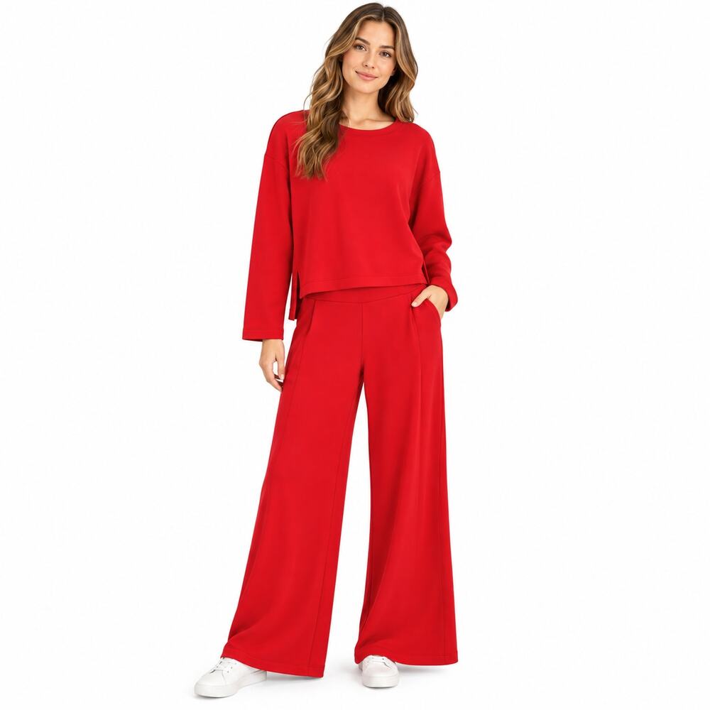 NWT XL SPANX AirEssentials Red Travel Set Wide Leg Pant Side Slit Top NWT Lounge
